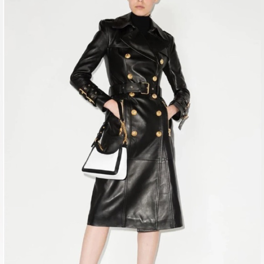 Black faux leather trench